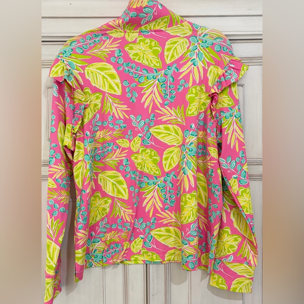 NWT SZ L Mary Square Women's Pink Tropical Print Ruffle Long-Sleeve zip up top - Picture 2 of 7